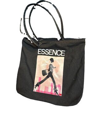 Essence Black Tote Canvas Shoulder Bag Graphic 15x15” Large Unlined Strings Ink